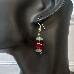 18 K Gold Plated Elegant Red glass and Green Aventurine stone Drop Earrings
